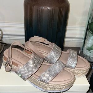 Shimmering Silver Sandals with Tan Accents